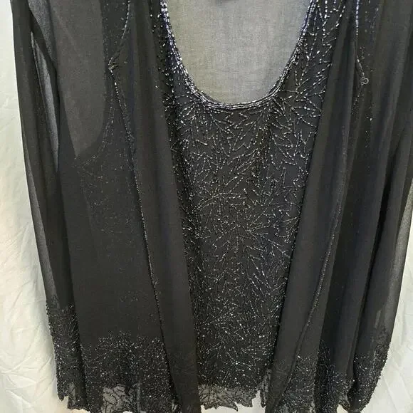 J Kara 2Pc Black Shimmer Beaded Sexy chiffon Jacket & Cami Top Glam 2X VTG